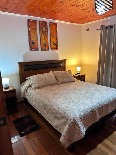 a bedroom with a bed and some paintings on the wall at Tranquilidad y descanso en Villarrica - Pucón in Pucón