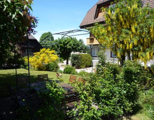 a view of a yard with a house and a dog at Ferienwohnung Dachtler in Hinterzarten