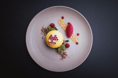 a white plate with a dessert with fruit on it at Garberhof Dolomit Family in Rasùn di Sotto