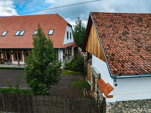two houses with red roofs and a fence at Vass Panzio in Zălan