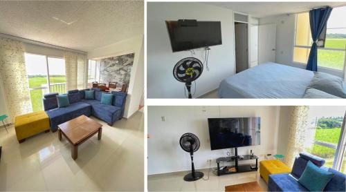 three pictures of a bedroom and a living room at New palmira APARTMENT in Palmira