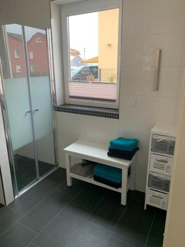 a bathroom with a shower with a bench and a window at Linke Ferienwohnung im Ferienhaus Seestern in 06249 Mücheln in Büchel