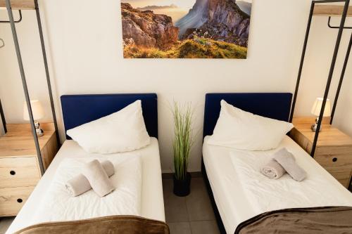 two beds sitting next to each other in a room at GrenzApartments in Bietingen