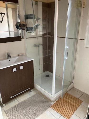 une salle de bain avec douche et lavabo dans l'établissement Le Clapotis, à Mimizan