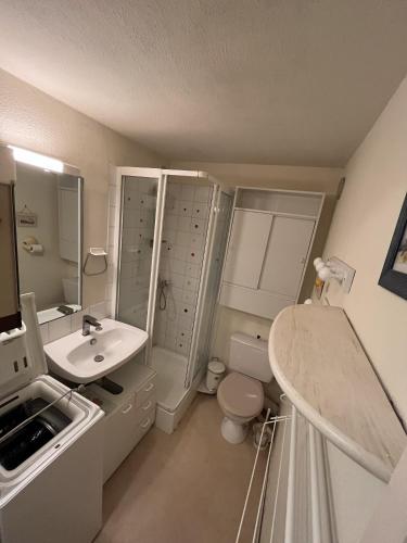 une salle de bain blanche avec un lavabo et des toilettes dans l'établissement Les Fermettes, à Saint-Jean-de-Monts