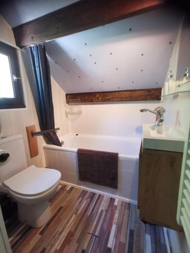 une salle de bain avec toilettes, baignoire et lavabo dans l'établissement Le Chalet D'en Paradis, à Serrières-sur-Ain