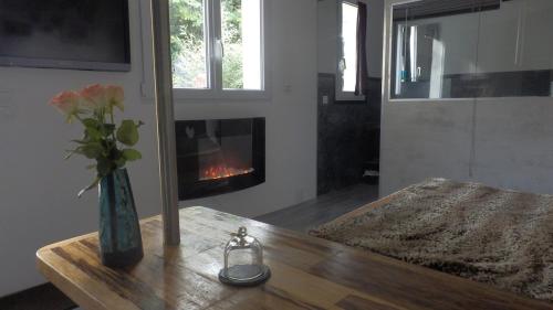 a living room with a table and a fireplace at La Chambrette in Salon-de-Provence