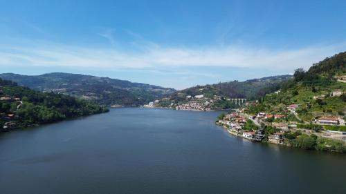 arial view of a river with a town at Douro Hotel Porto Antigo in Cinfães