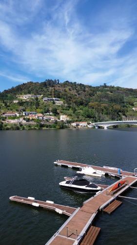 two boats are docked at a dock in the water at Douro Hotel Porto Antigo in Cinfães