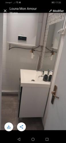 une salle de bain avec un lavabo blanc et un miroir dans l'établissement APPARTEMENT LE DAUPHIN, au Cap d'Agde