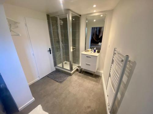 une salle de bain avec une douche, un lavabo et un miroir dans l'établissement Séjour au cœur du centre, proche de la République - 138, à Rouen