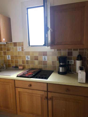 un comptoir de cuisine avec une cuisinière et une fenêtre dans l'établissement Grand Studio proche cure&village, à Gréoux-les-Bains