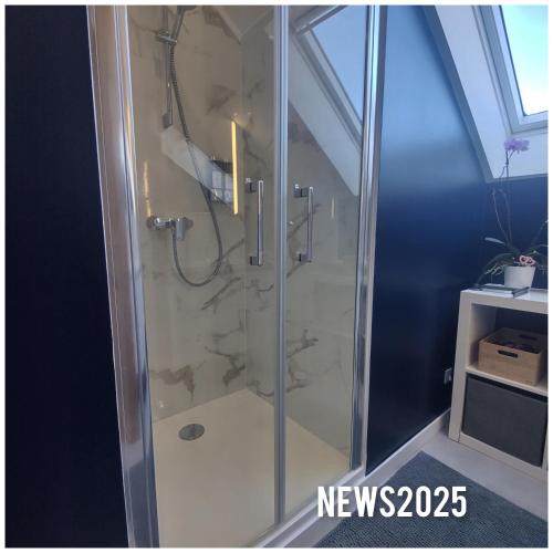 une douche avec une porte vitrée dans une salle de bain dans l'établissement Maison avec Borne de recharge N1, à Rolampont