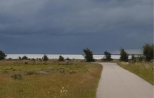 a dirt road leading to the ocean on a cloudy day at 4 Bedroom Gorgeous Home In Degerhamn in Degerhamn