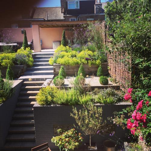 a garden with plants and flowers on a building at Saskia's Rooms in Winchester