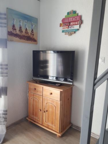 un téléviseur à écran plat posé sur un meuble en bois dans l'établissement Maisonnette vue mer zone naturiste, à Leucate-Plage