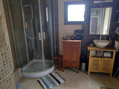 une salle de bain avec douche et lavabo dans l'établissement Maison de famille, à Saint-Jean-de-Sauves