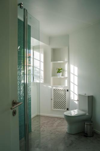 a bathroom with a toilet and a glass shower at Senhora do Carmo Charm House in Ponta Delgada