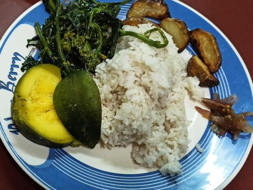 a blue and white plate of rice and vegetables at Dawn Home Stay in Darjeeling