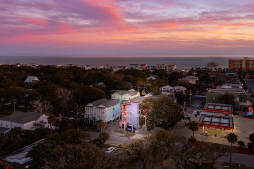 an aerial view of a city at sunset at Boutique Vera Hotel in the Heart of Folly Beach in Folly Beach