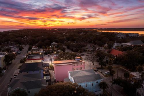 an aerial view of a city at sunset at Boutique Vera Hotel in the Heart of Folly Beach in Folly Beach