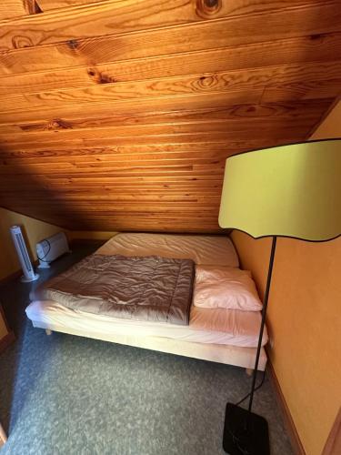 a bed in a room with a green lamp at Chez Karinette in Les Rivières-Henruel