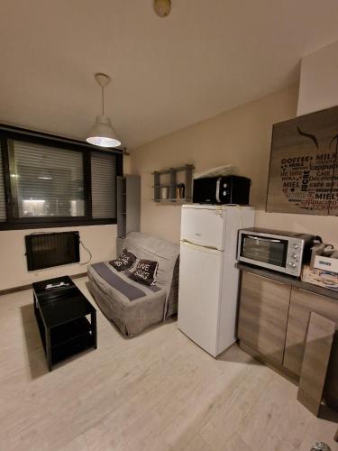 Elle comprend un petit salon doté d'un canapé et d'un réfrigérateur. dans l'établissement Au bord de mer studio au calme à la ciotat, à La Ciotat