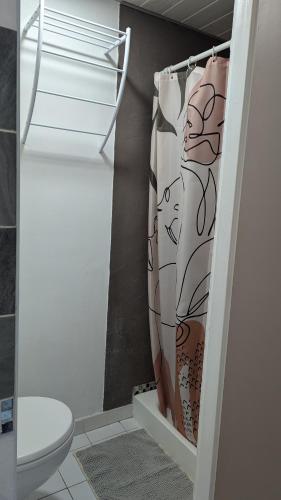 a shower curtain in a bathroom with a toilet at Ti Roc Studio in Le Diamant