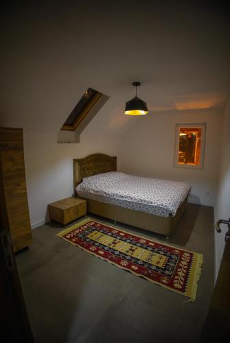 a bedroom with a bed and a rug on the floor at Villa Noari, Brezovice. in Brezovicë