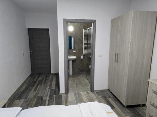 a bedroom with a bathroom with a sink and a toilet at Boutique Arena in Piteşti