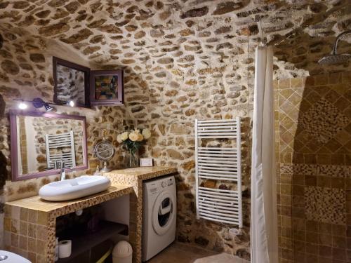 une salle de bain avec un lavabo et une machine à laver dans l'établissement Le Mas Joyeux - Gîte L'Orchidée en Cévennes, à Saint-Florent-sur-Auzonnet