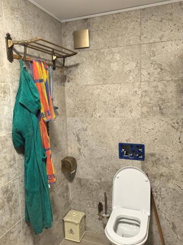 a bathroom with a toilet and a green towel at Вила Езерото in Lipnik