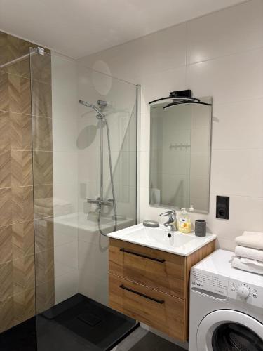 a bathroom with a sink and a washing machine at Zamkowa in Sanok