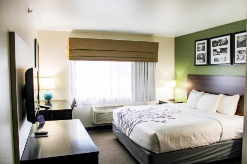 a hotel room with a bed and a window at Sleep Inn & Suites Conference Center Eau Claire North in Union