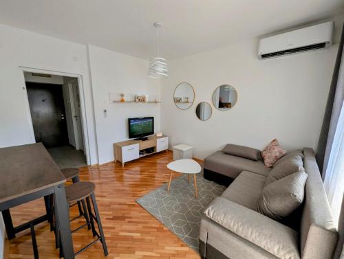 a living room with a couch and a tv at Apartman Karingtonka free parking in Vranje