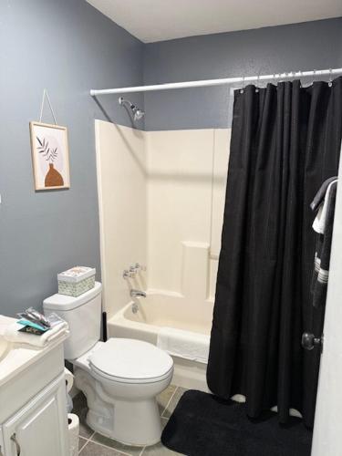 a bathroom with a white toilet and a shower at Tiger Suites in Jackson