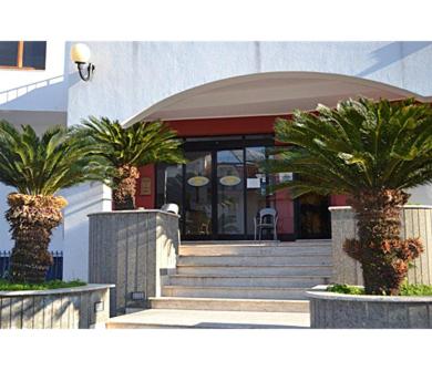 Montepaone LidoにあるVIDA B&B Ristorante Pizzeriaの建物前のヤシの木