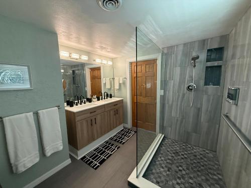 a bathroom with a shower and a sink at Pool home on the Bay, large private yard near AMI in Bradenton