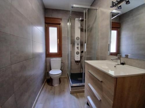 a bathroom with a toilet and a shower and a sink at Entrepinos in Guisando