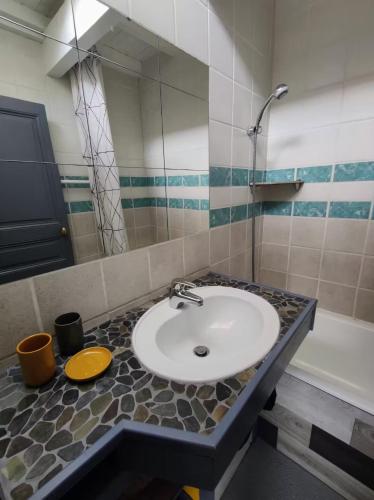 a bathroom with a sink and a mirror and a tub at Chez Mathilde et Kévin in Saint-Maurice