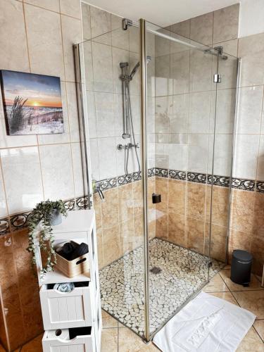 a shower with a glass door in a bathroom at Ferienwohnung Weitblick in Erftstadt