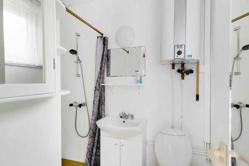 NeksøにあるCozy Holiday Apartment Close To The Beachのトイレと洗面台を備えた白いバスルーム