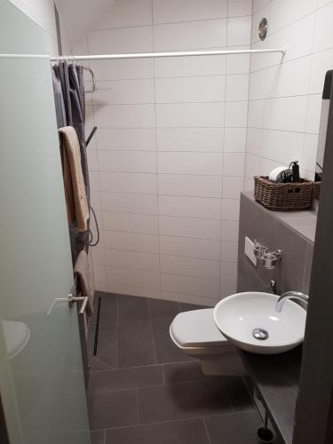 a bathroom with a toilet and a sink at Gästewohnung direkt an der Wallmauer in Neubrandenburg