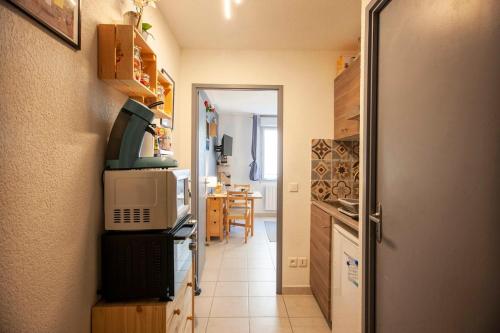 Il comprend une cuisine équipée d'un four micro-ondes et d'une table. dans l'établissement Marseille Gare SNCF Saint Charles, city center, à Marseille