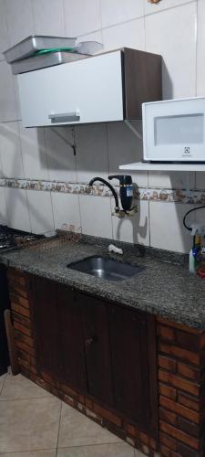 a kitchen counter with a sink and a microwave at CASA DE HOSPEDAGEM FLORES PARATY AMBIENTE FAMILIAR 600M do CENTRO in Paraty