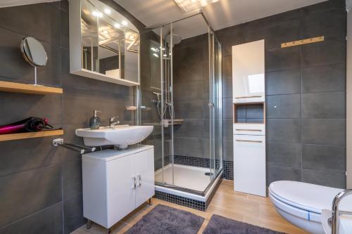 a bathroom with a shower and a sink and a toilet at Ferienhaus Nia in Altenau