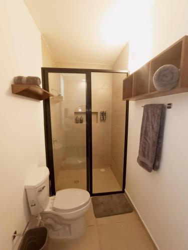 a bathroom with a toilet and a shower at Casa Apolo, piscina y club de playa in Chelem