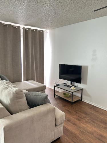 a living room with a couch and a tv at Hollywood Blvd Studio FREE DESIGNATED PARKING & WIFI in Los Angeles