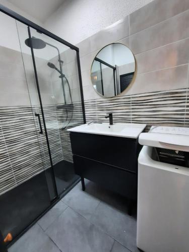 une salle de bain avec un lavabo et un miroir dans l'établissement Studio vue mer Sanguinaires 3 minutes des plages, à Ajaccio