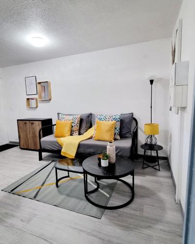 un salon avec un canapé et une table dans l'établissement Studio contemporain aux portes de Genève, à Ferney-Voltaire